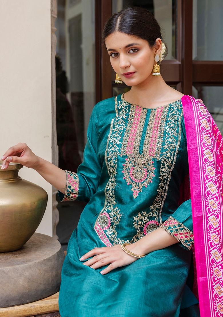 Rama Blue Embroidered Silk Blend Salwar Kameez With Dupatta