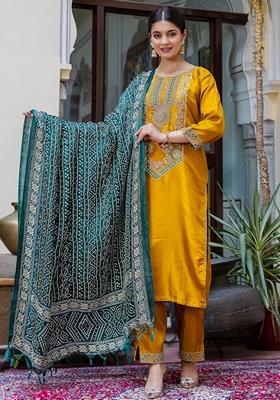 Yellow Embroidered Silk Blend Salwar Kameez With Dupatta