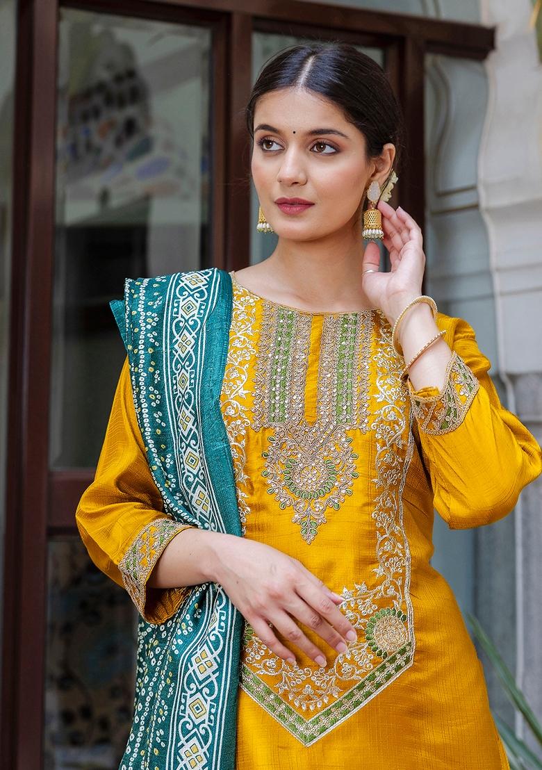 Yellow Embroidered Silk Blend Salwar Kameez With Dupatta