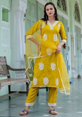 Lemon Yellow Embroidered Silk Blend Salwar Kameez With Dupatta