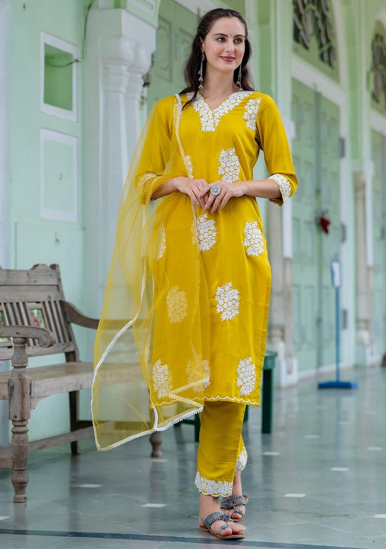 Lemon Yellow Embroidered Silk Blend Salwar Kameez With Dupatta