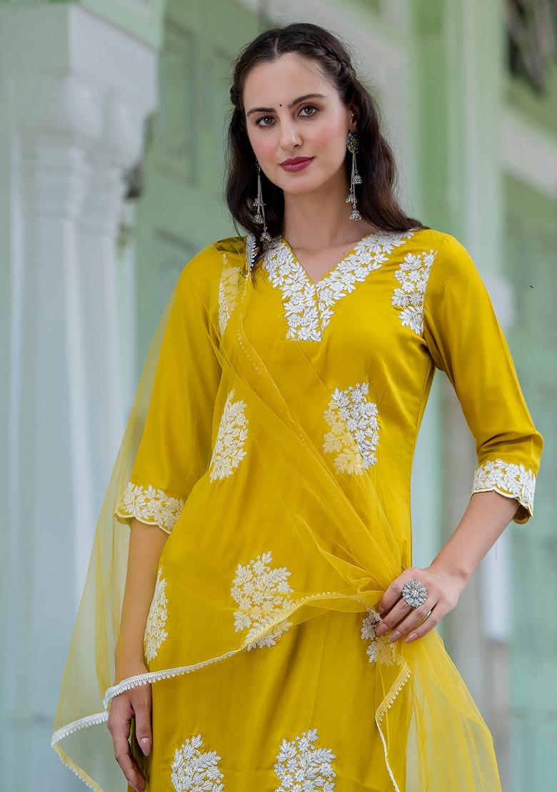 Lemon Yellow Embroidered Silk Blend Salwar Kameez With Dupatta