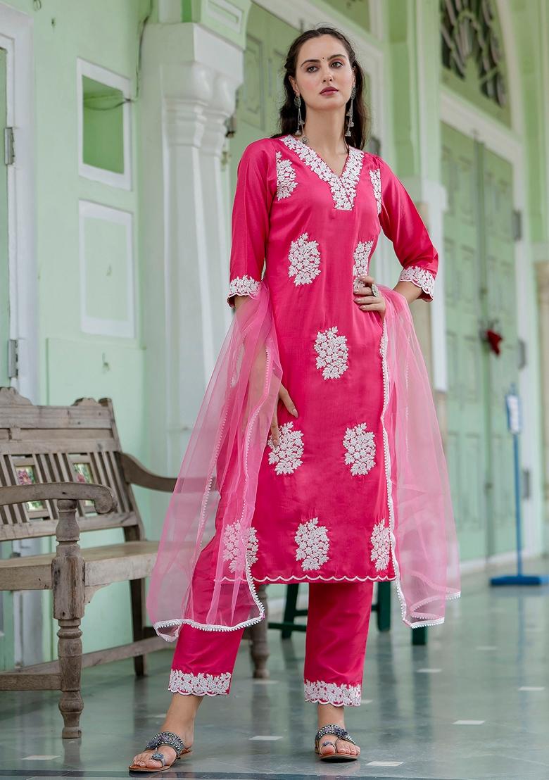 Pink Embroidered Silk Blend Salwar Kameez With Dupatta