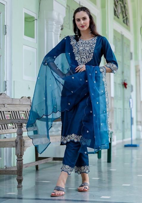 Teal Blue Embroidered Silk Blend Salwar Kameez With Dupatta