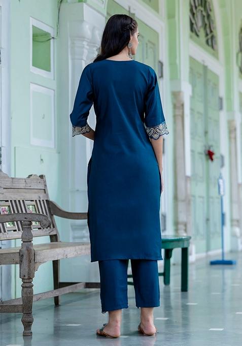 Teal Blue Embroidered Silk Blend Salwar Kameez With Dupatta