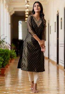 Black Embroidered Silk Blend Kurta