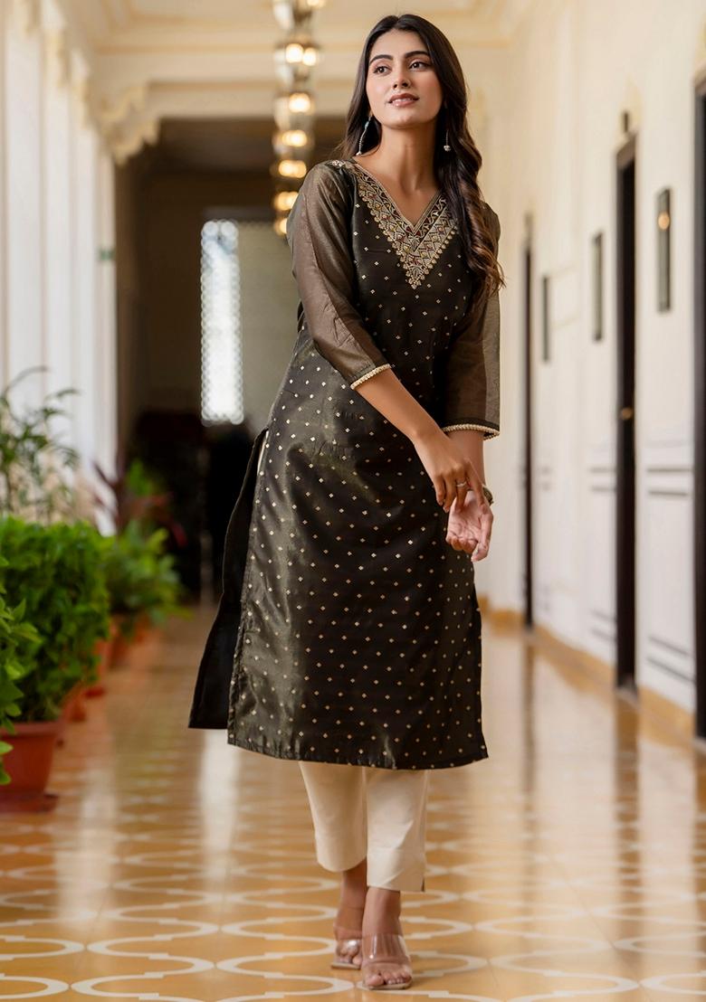 Black Embroidered Silk Blend Kurta