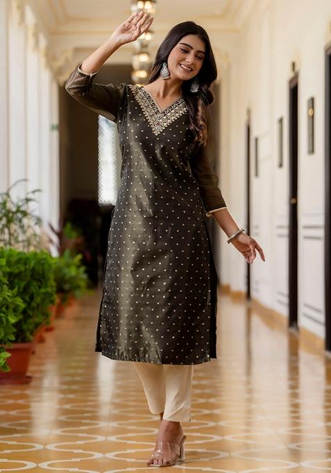 Black Embroidered Silk Blend Kurta