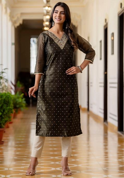 Black Embroidered Silk Blend Kurta