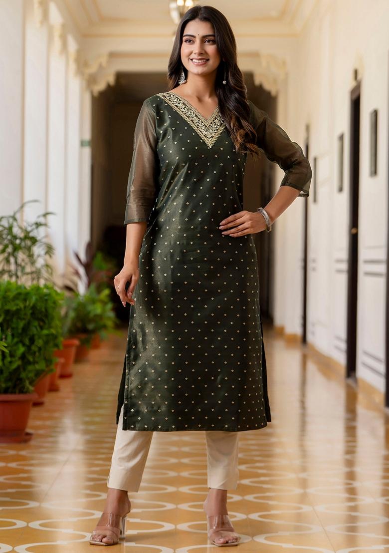 Bottel Green Embroidered Silk Blend Kurta