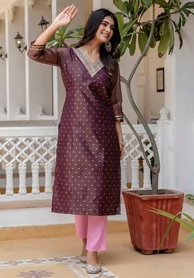 Purple Embroidered Silk Blend Kurta
