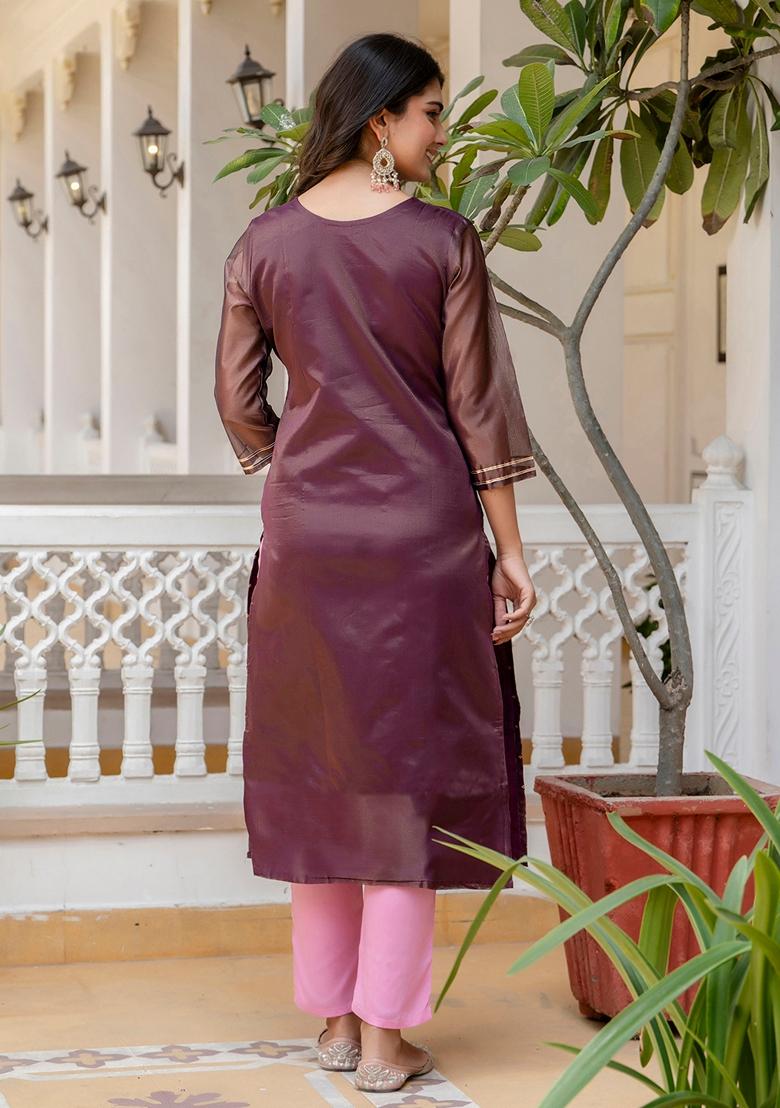 Purple Embroidered Silk Blend Kurta