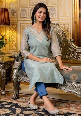Sea Green Embroidered Silk Blend Kurta