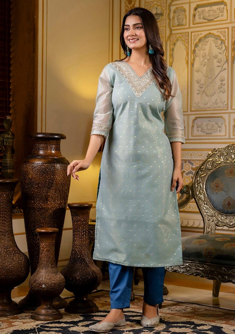 Sea Green Embroidered Silk Blend Kurta