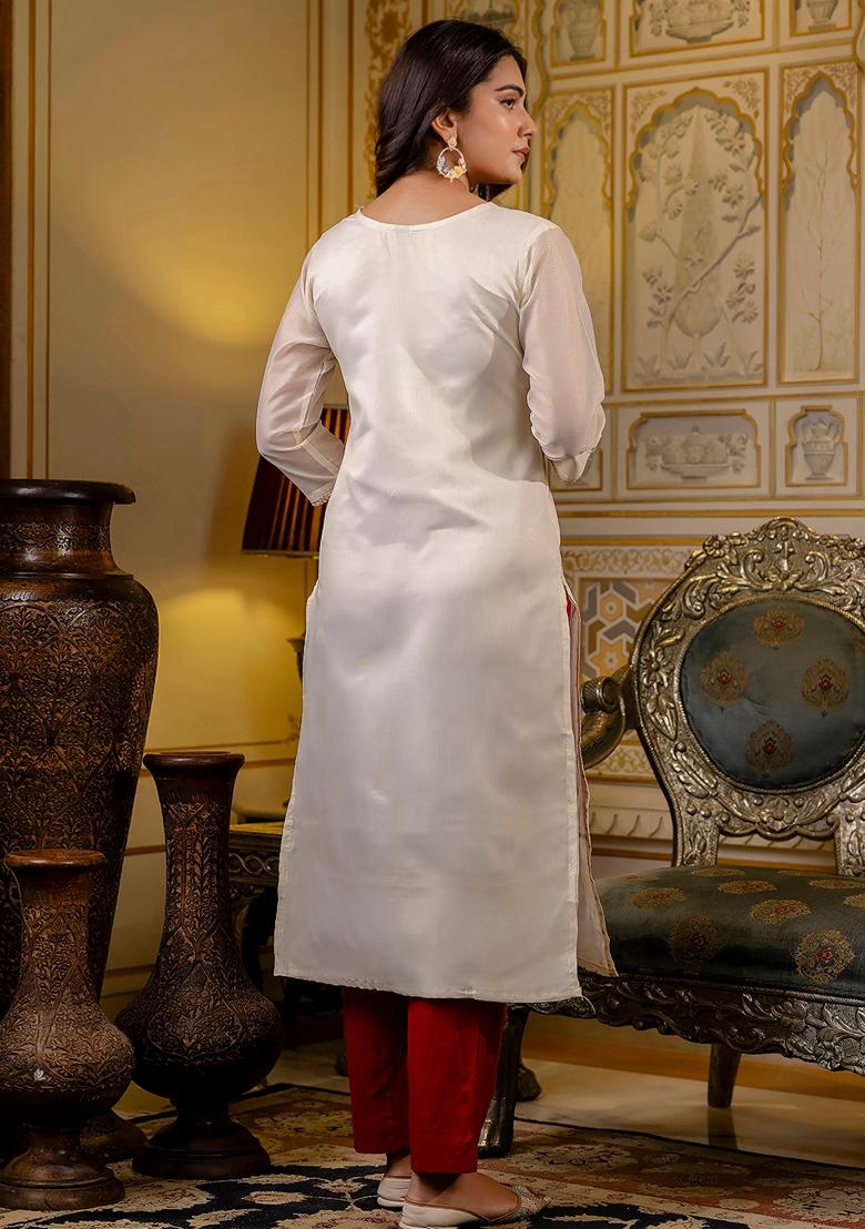 White Embroidered Silk Blend Kurta