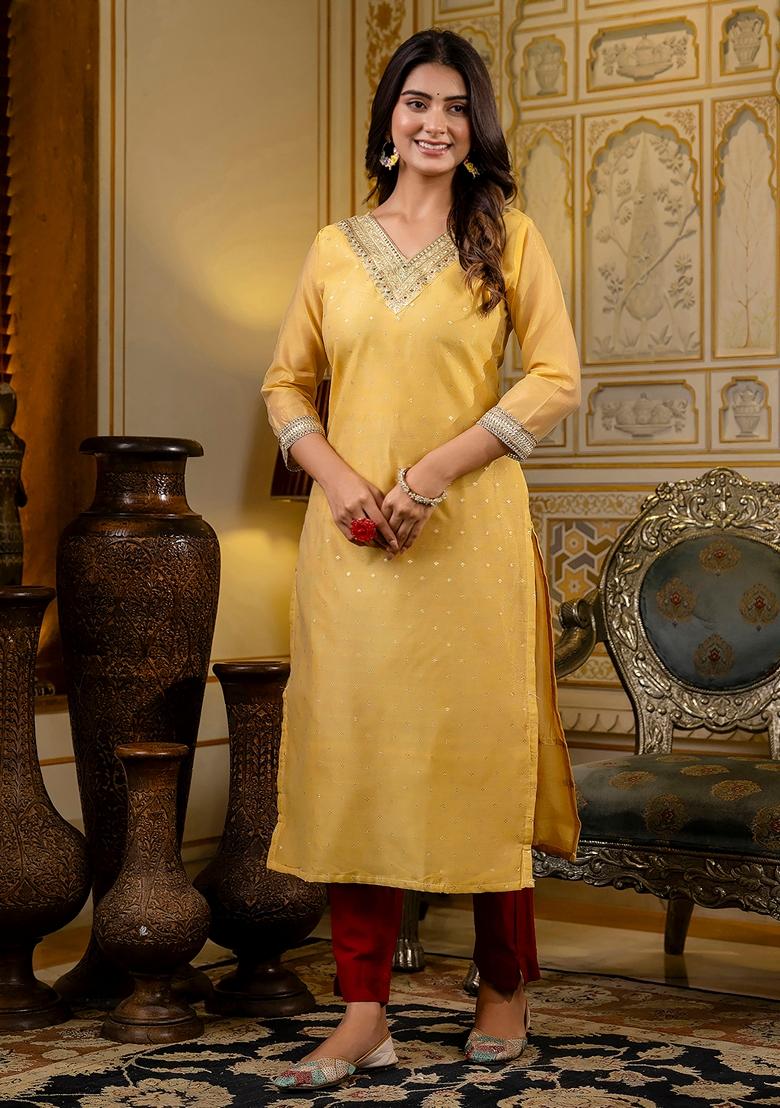 Yellow Embroidered Silk Blend Kurta