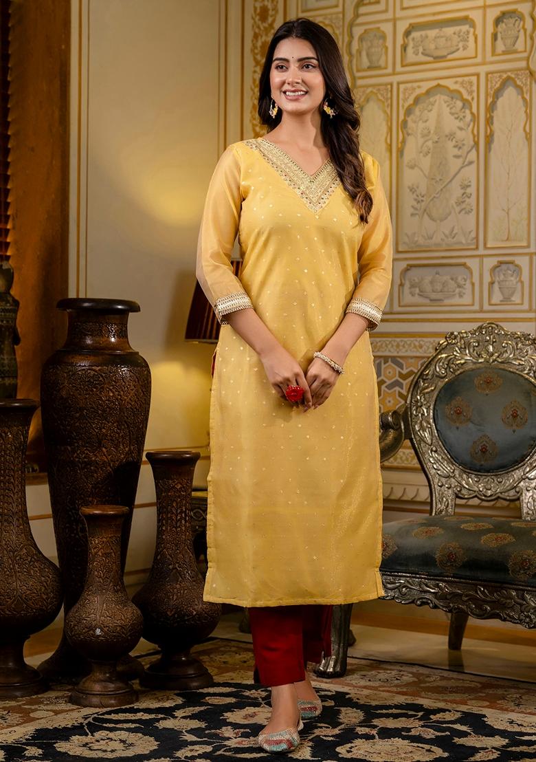 Yellow Embroidered Silk Blend Kurta