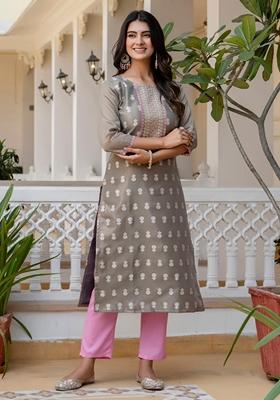 Grey Embroidered Silk Blend Kurta