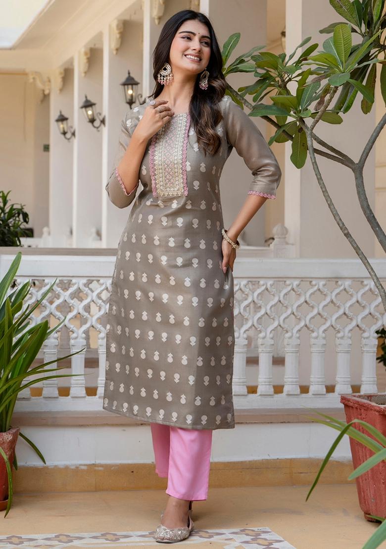 Grey Embroidered Silk Blend Kurta
