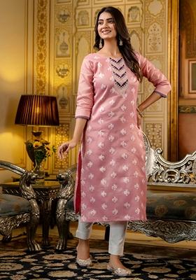 Pink Embroidered Silk Blend Kurta