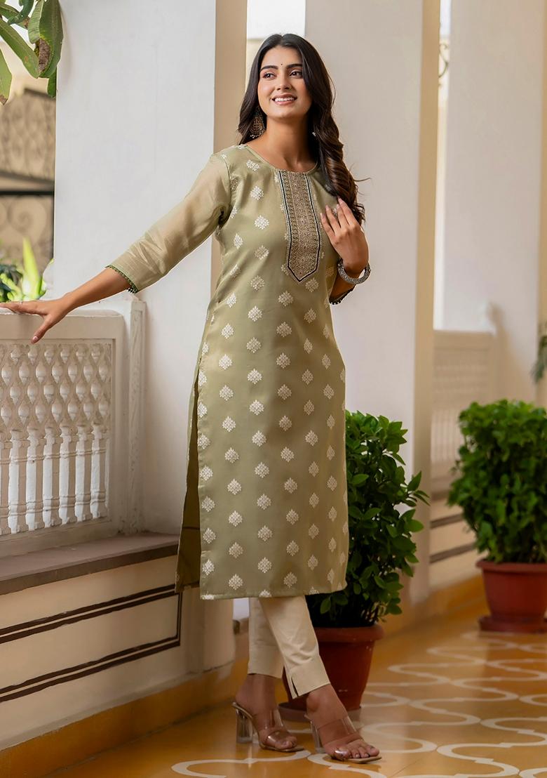 Pista Green Embroidered Silk Blend Kurta