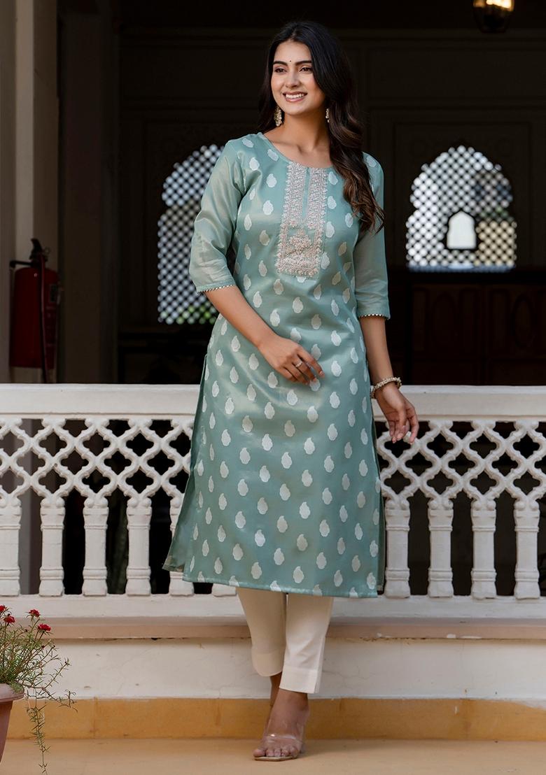 Sea Green Embroidered Silk Blend Kurta