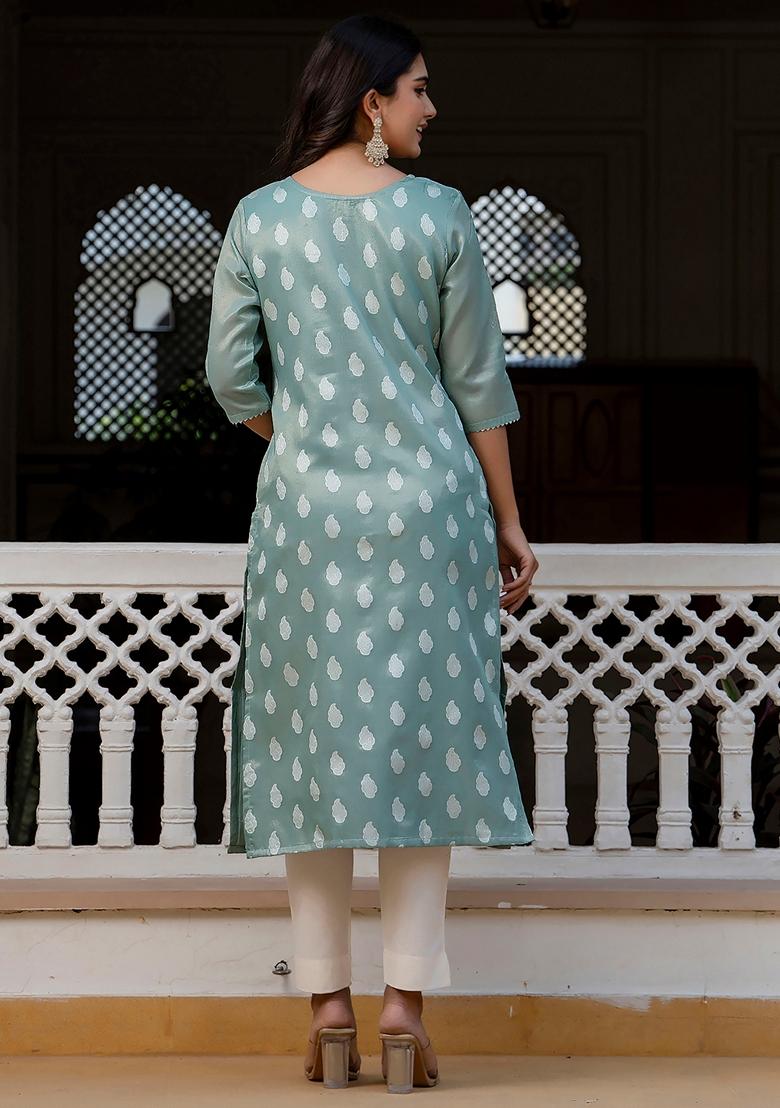 Sea Green Embroidered Silk Blend Kurta