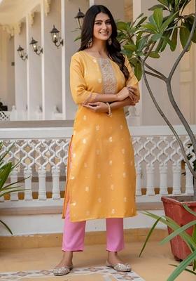 Yellow Embroidered Silk Blend Kurta