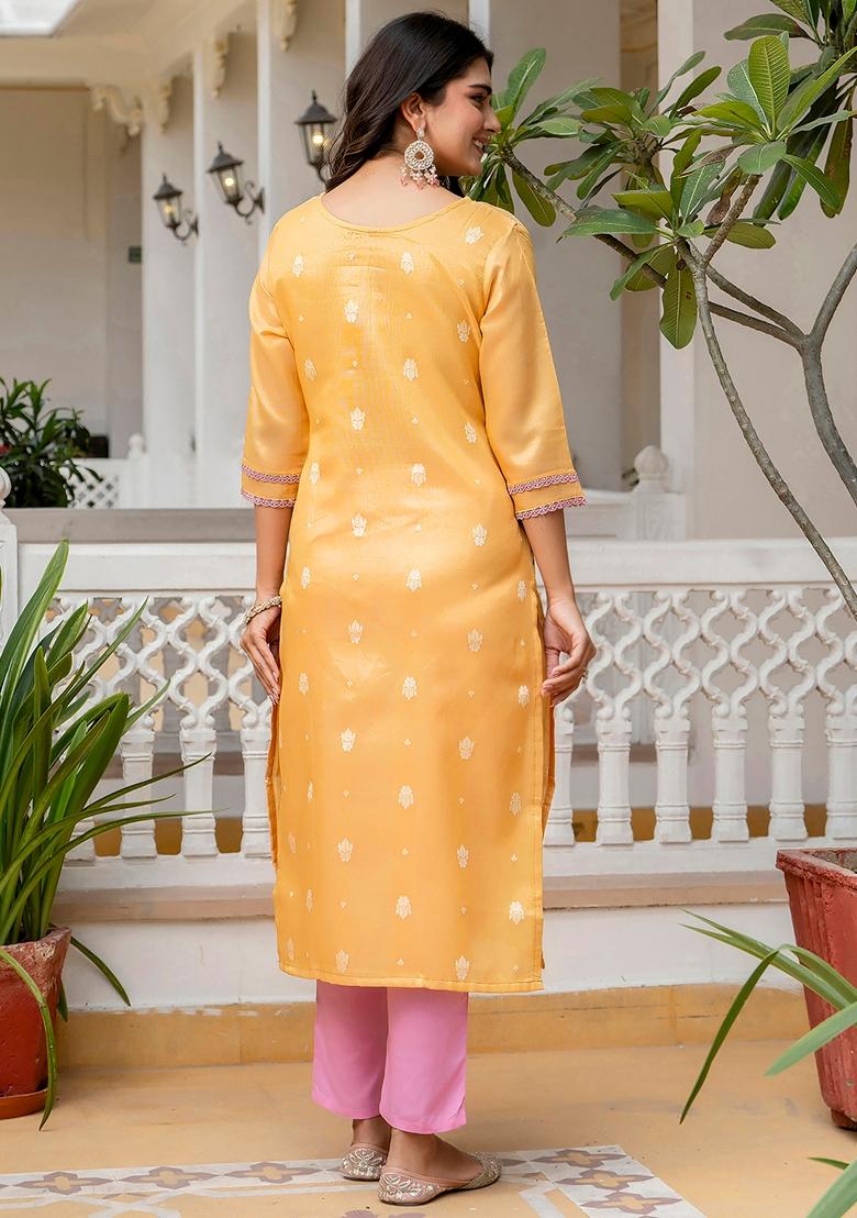 Yellow Embroidered Silk Blend Kurta