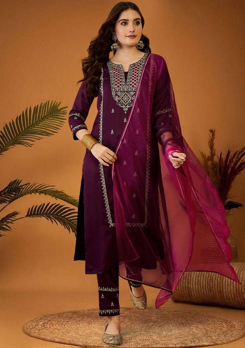 Maroon Embroidered Chinon Straight Kurta Set - Indya