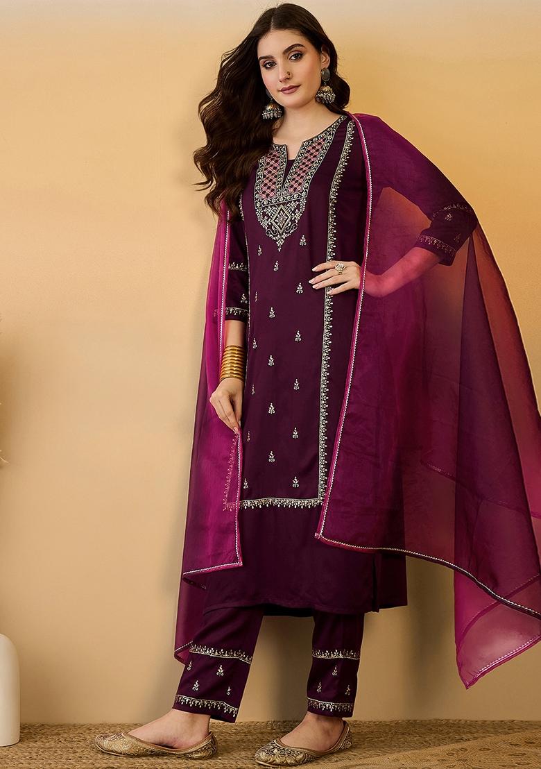Maroon Sequin Embroidered Chinon Salwar Kameez With Dupatta