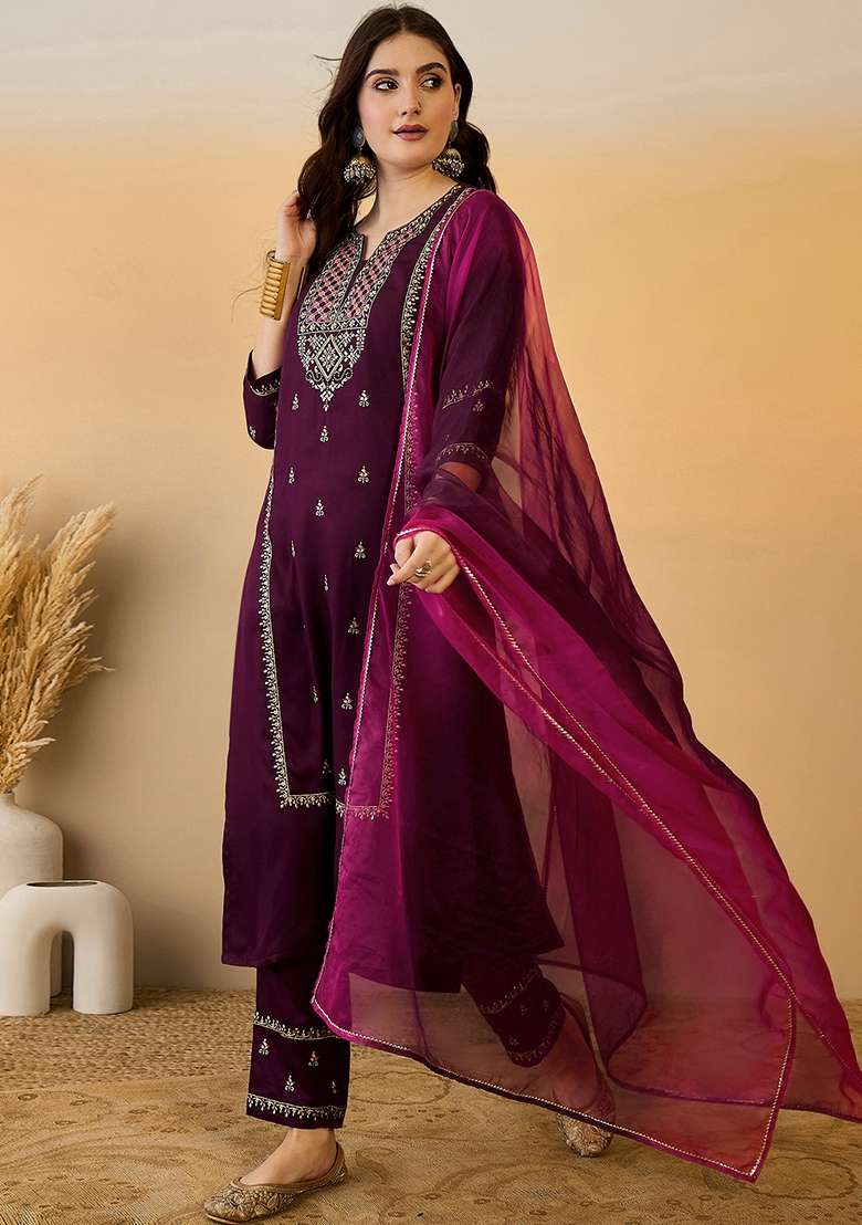 Maroon Embroidered Chinon Straight Kurta Set - Indya