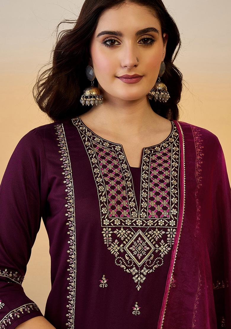 Maroon Sequin Embroidered Chinon Salwar Kameez With Dupatta