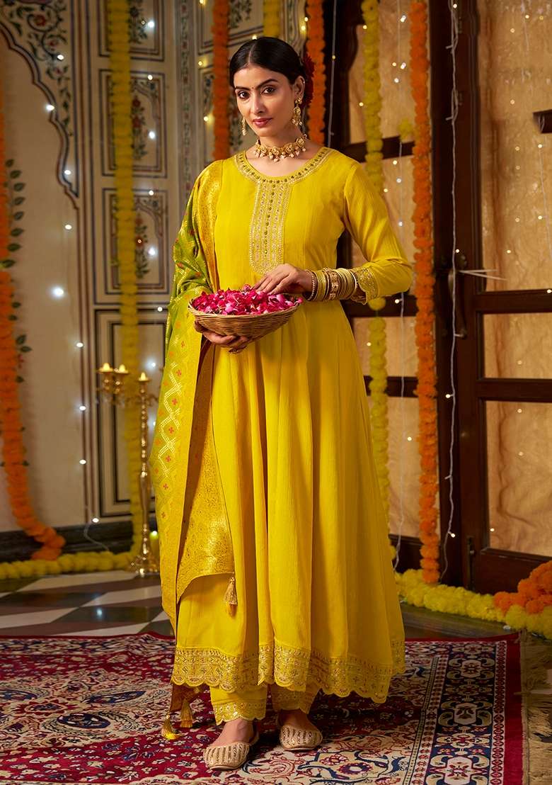 Yellow Shaded Sequin Embroidered Silk Salwar Kameez With Dupatta - Indya