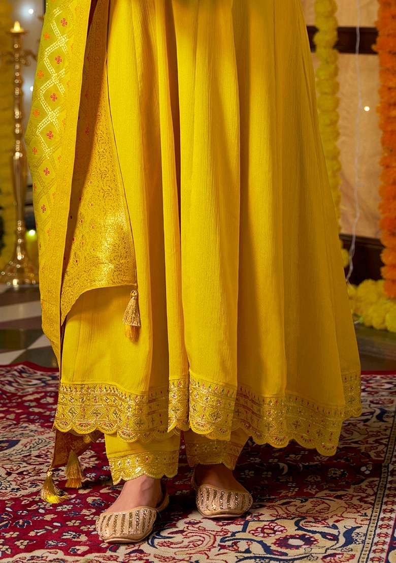 Yellow Shaded Sequin Embroidered Silk Salwar Kameez With Dupatta - Indya
