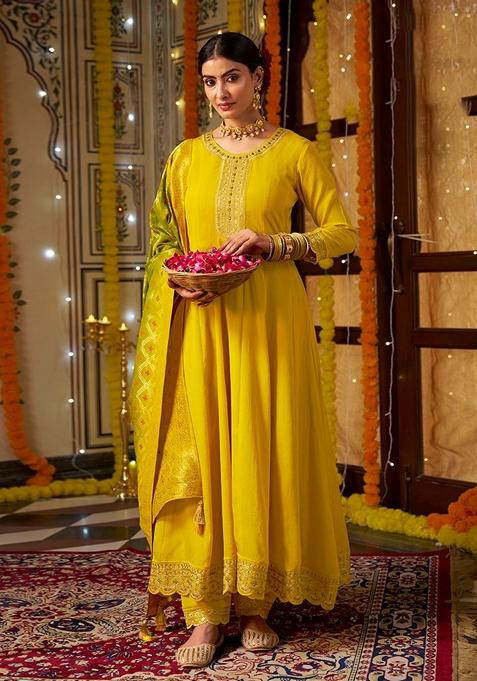 Yellow Shaded Sequin Embroidered Silk Salwar Kameez With Dupatta — view on Indya