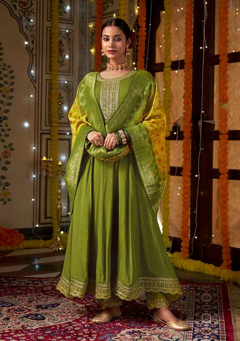 Green Embroidered Silk Anarkali Set - Indya