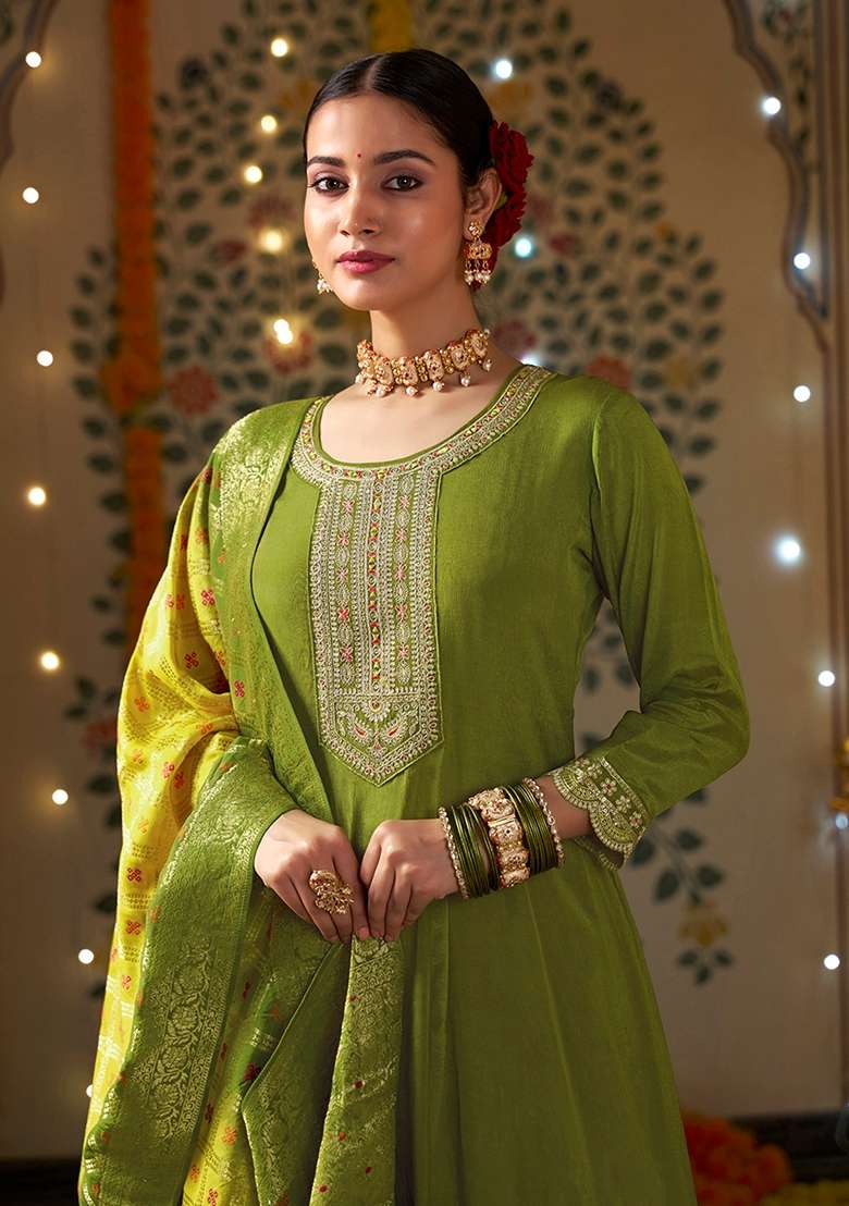 Green Embroidered Silk Anarkali Set - Indya