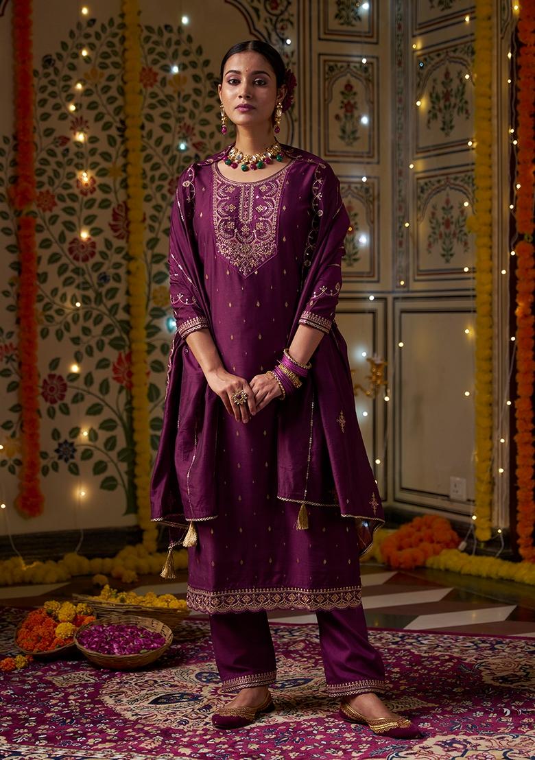 Maroon Sequin Embroidered Silk Salwar Kameez With Dupatta