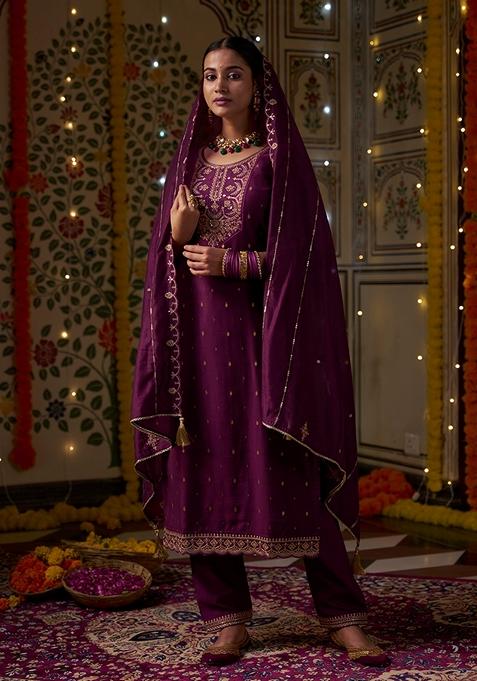 Maroon Sequin Embroidered Silk Salwar Kameez With Dupatta