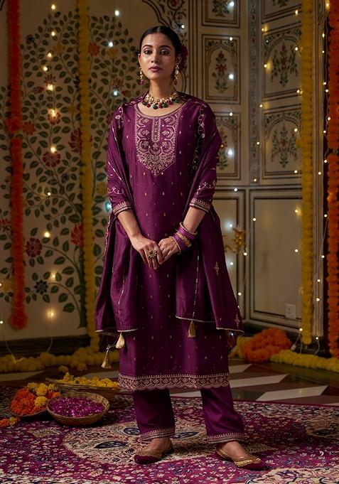 Maroon Sequin Embroidered Silk Salwar Kameez With Dupatta