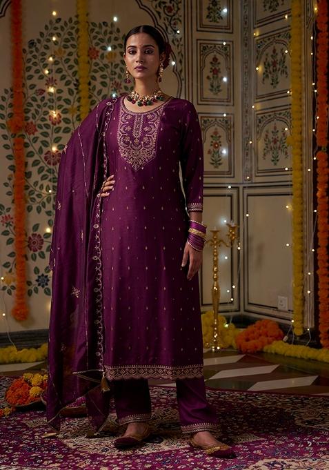 Maroon Sequin Embroidered Silk Salwar Kameez With Dupatta