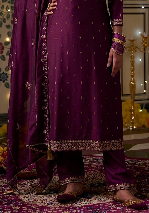 Maroon Sequin Embroidered Silk Salwar Kameez With Dupatta