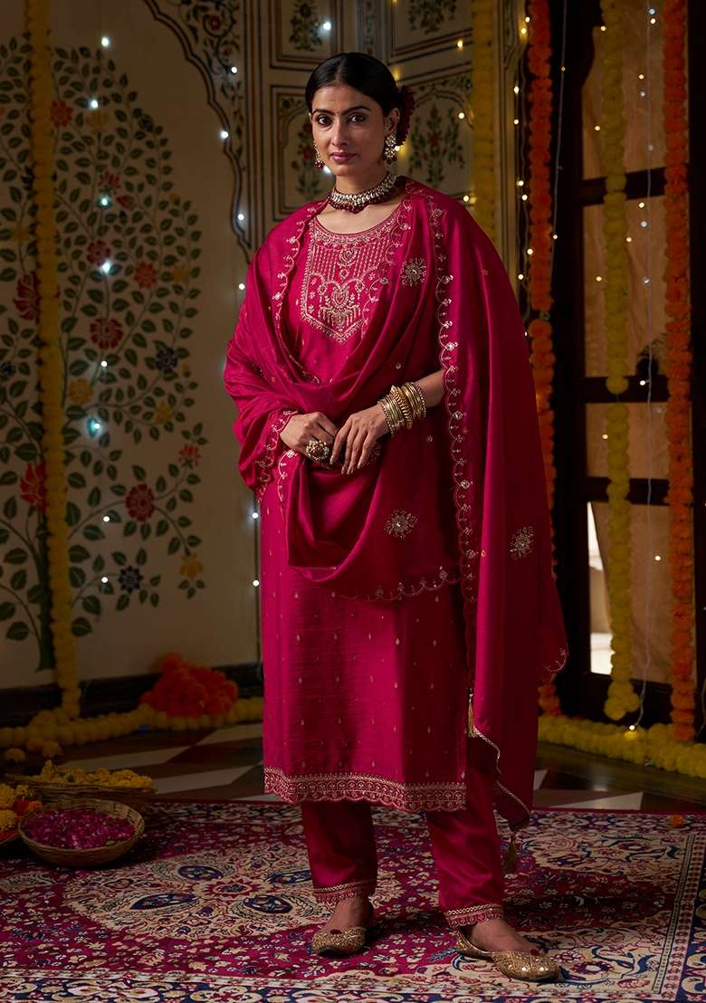 Red Embroidered Silk Straight Kurta Set - Indya