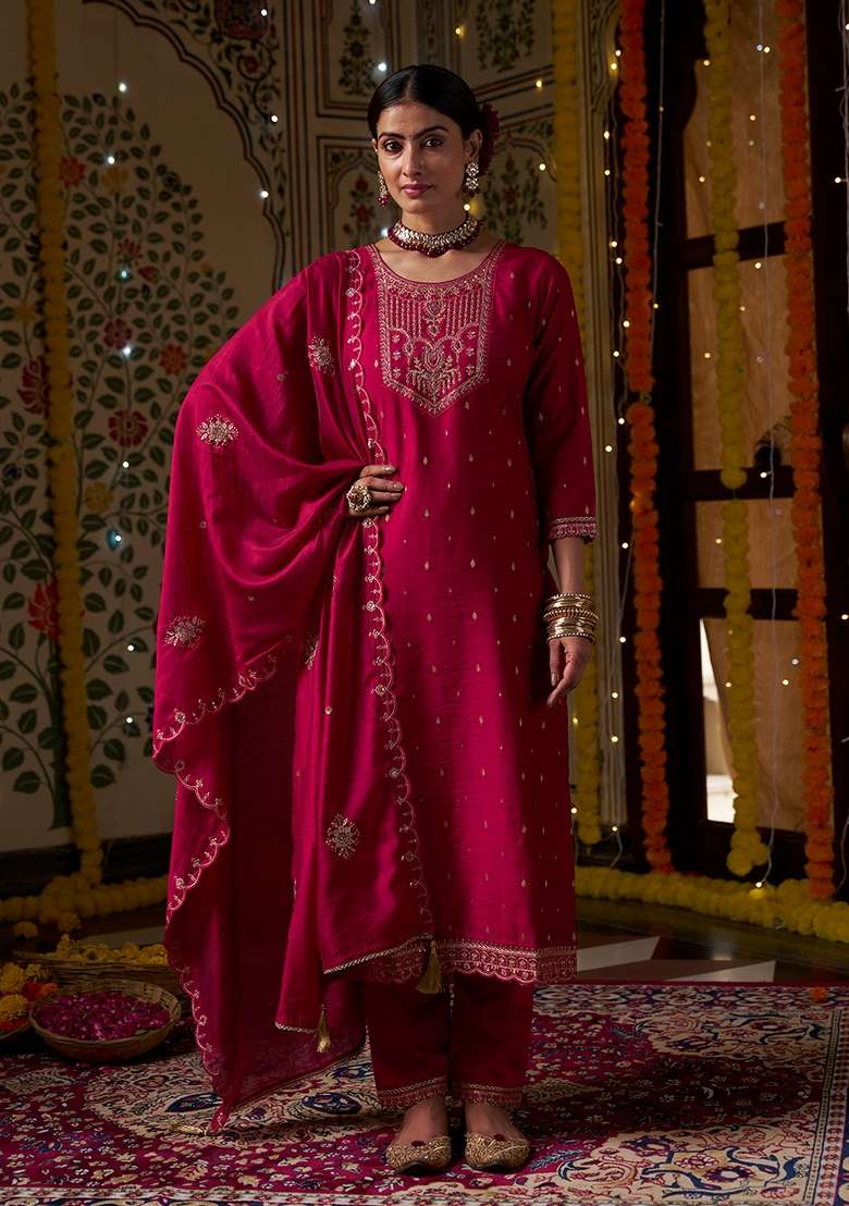 Red Embroidered Silk Straight Kurta Set - Indya