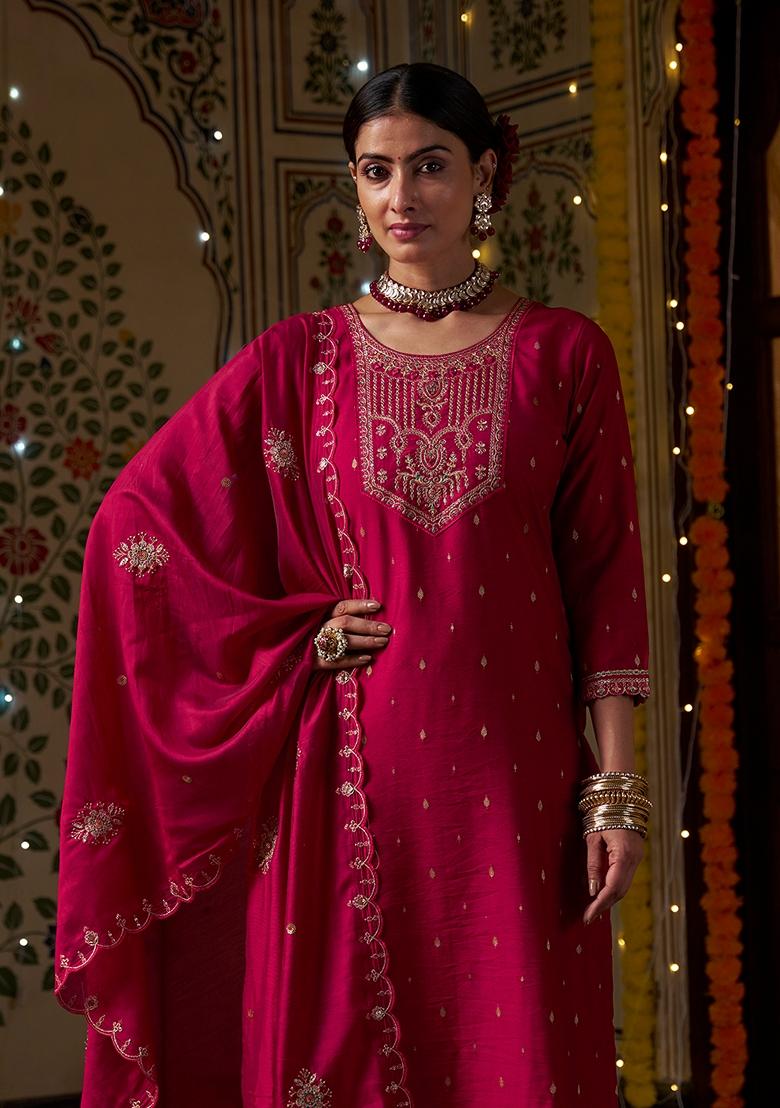 Red Sequin Embroidered Silk Salwar Kameez With Dupatta