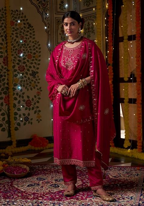 Red Embroidered Silk Straight Kurta Set