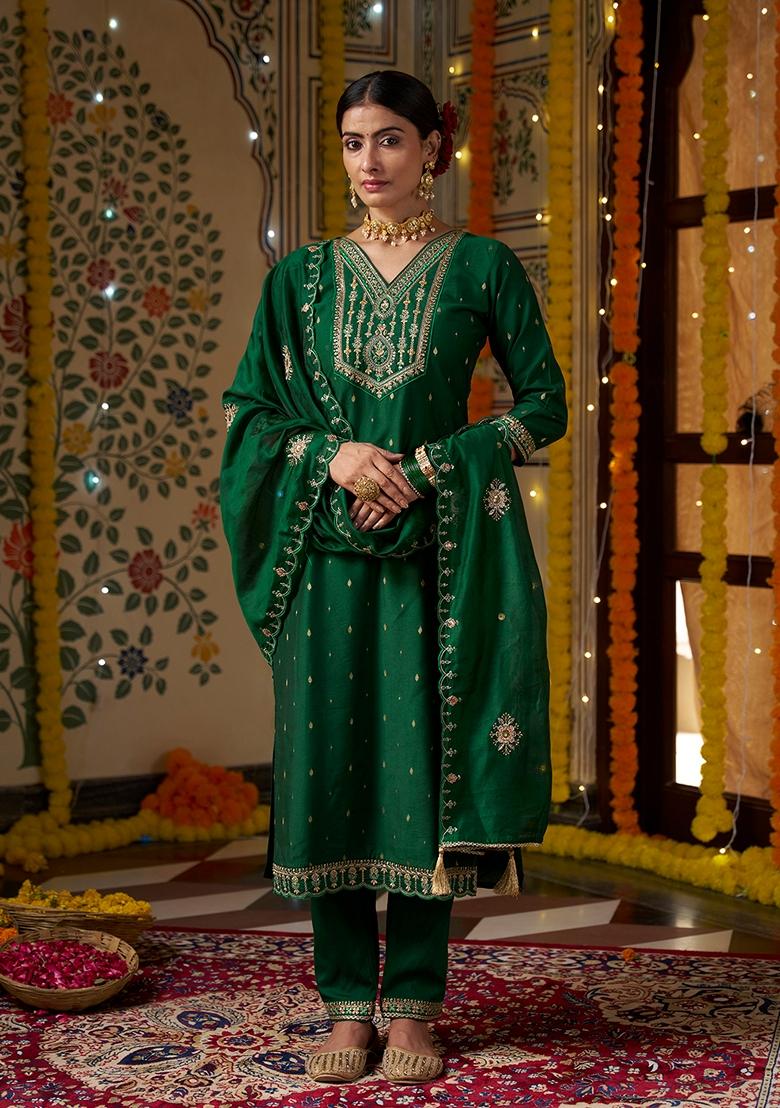 Green Sequin Embroidered Silk Salwar Kameez With Dupatta