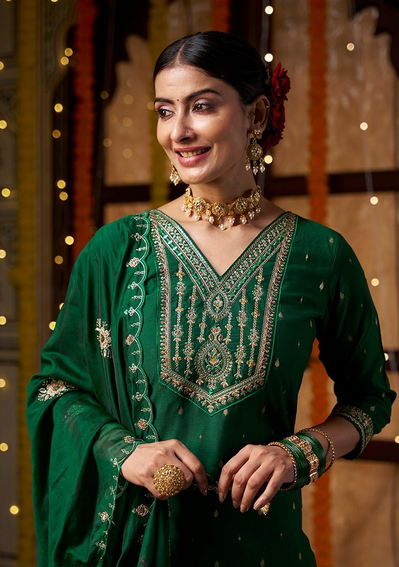 Green Sequin Embroidered Silk Salwar Kameez With Dupatta
