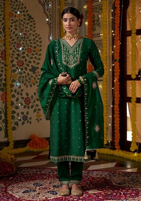 Green Embroidered Silk Pakistani Suit Set — view on Indya
